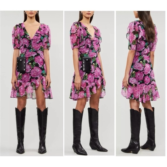 THE KOOPLES Winter Peonies Floral Print Short Sleeve Ruffled Mini Dress Large - Picture 1 of 15